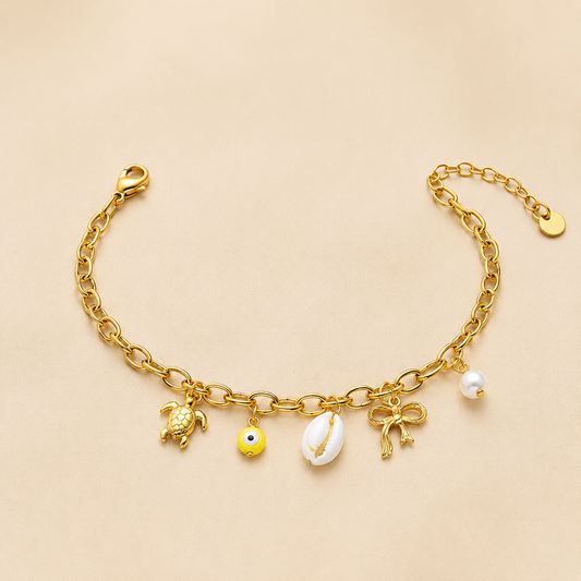 Gold turtle evil eye cowrie shell bow pearl charm bracelet for women with adjustable chain