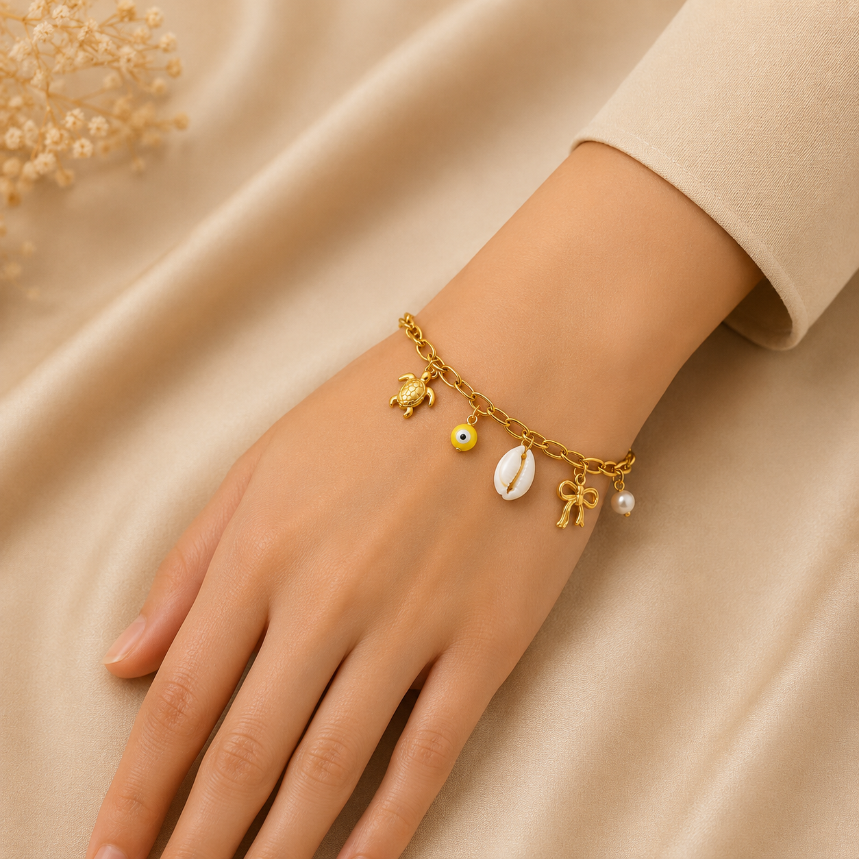 Gold turtle evil eye cowrie shell bow pearl charm bracelet for women with adjustable chain