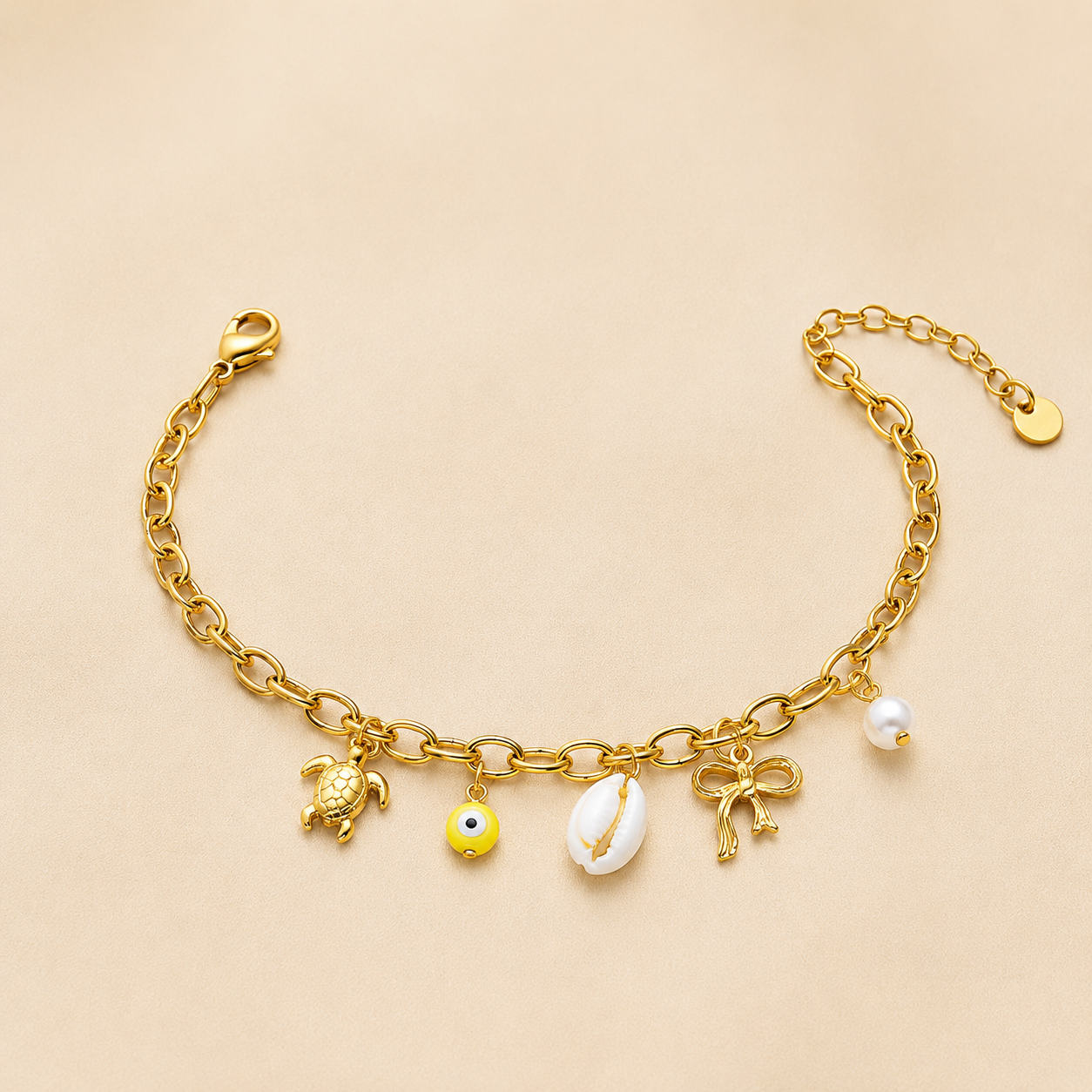 Gold turtle evil eye cowrie shell bow pearl charm bracelet for women with adjustable chain