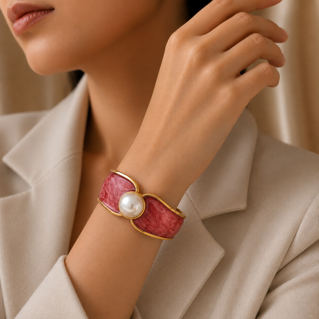 A close-up of a woman wearing a wide cuff bracelet with pink marbled enamel, gold trim, and a central white pearl, paired with a beige blazer.