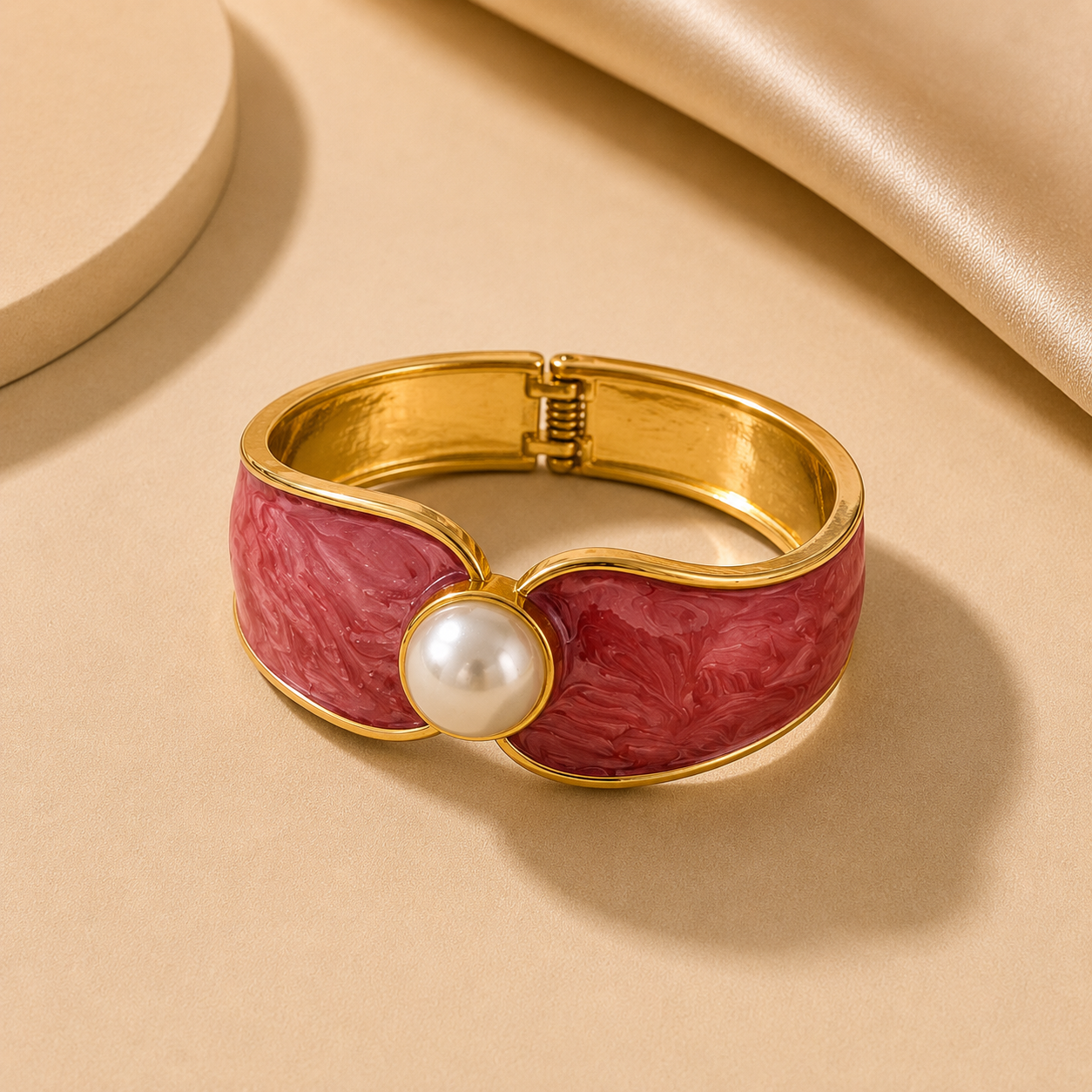 A gold-plated cuff bracelet featuring a textured pink enamel inlay and a central white pearl, displayed on a beige surface with a satin fabric prop.